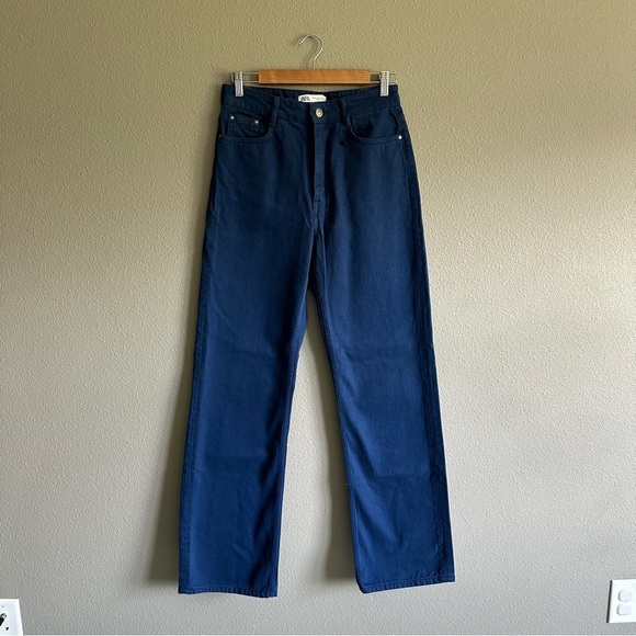 Zara Bright Blue Wide Leg Denim Jeans 6 - Picture 1 of 12